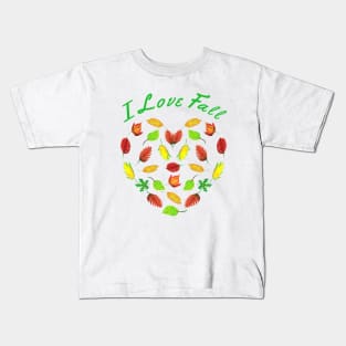 I Love Fall. Heart Made of Autumn Leaves for Nature Lovers. (White Background) Kids T-Shirt
